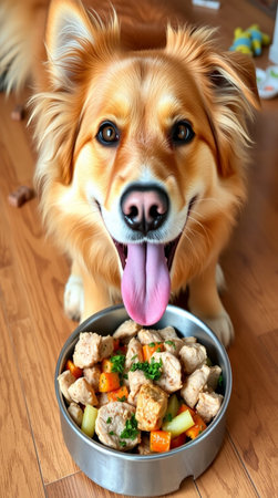 Cute golden retriever dog eating food from a bowl at homeの写真素材