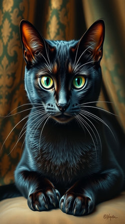 Portrait of a black cat with green eyes on a golden background.の写真素材