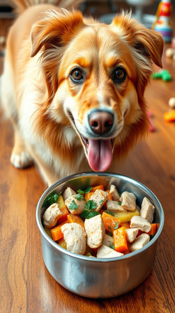 Portrait of a golden retriever dog in a bowl with food.の写真素材