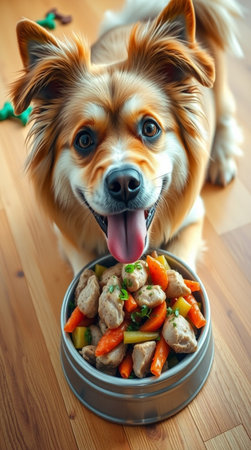 Cute dog with bowl of meat and vegetables on wooden floor.の写真素材