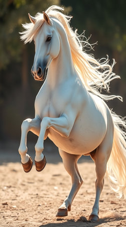 Beautiful white arabian stallion with long mane in motionの写真素材