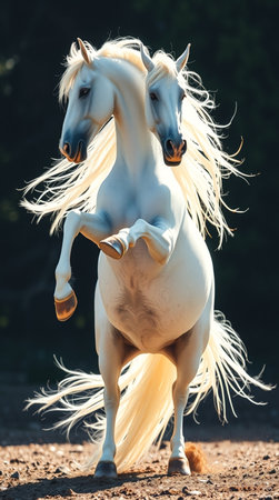 White arabian stallion with long mane in motion.の写真素材