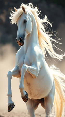 White arabian stallion with long mane and long maneの写真素材