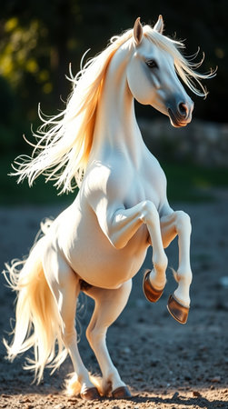 White arabian stallion with long mane in motion.の写真素材