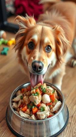 Cute dog eating food from bowl on wooden floor, closeupの写真素材