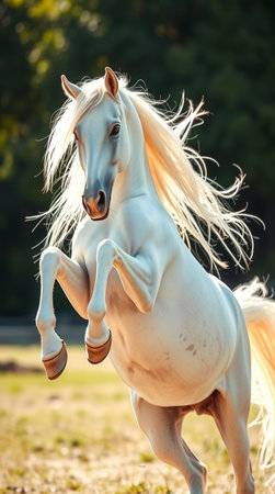 Beautiful white arabian stallion with long mane in motionの写真素材