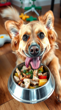 Cute dog eating food from bowl at home. Healthy food conceptの写真素材