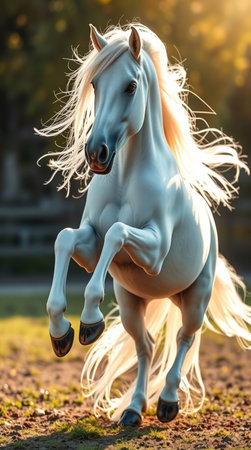 Beautiful white arabian stallion with long mane run gallop at sunsetの写真素材