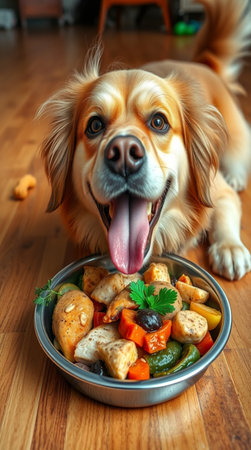 Cute dog with stewed vegetables in a bowl on the floorの写真素材