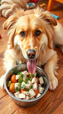 Cute dog with bowl of food on wooden floor, closeupの写真素材