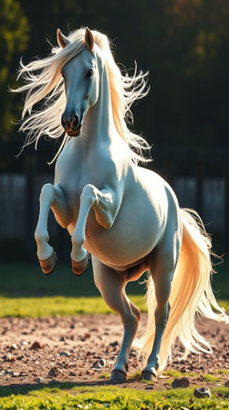 White arabian stallion with long mane running gallopの写真素材