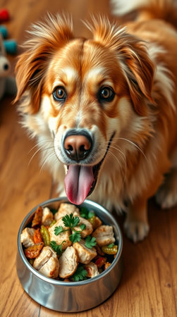 Portrait of a golden retriever dog eating food from a bowl