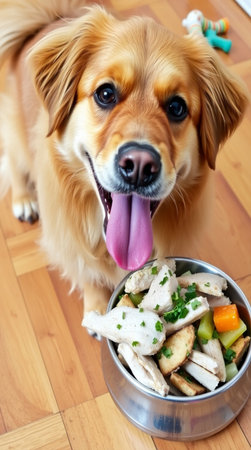 A golden retriever dog eating from a bowl.の写真素材