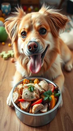 Funny dog with food in bowl on wooden floor, closeupの写真素材