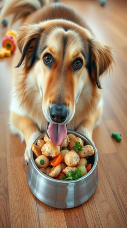 Cute dog with food in bowl on wooden floor, closeupの写真素材
