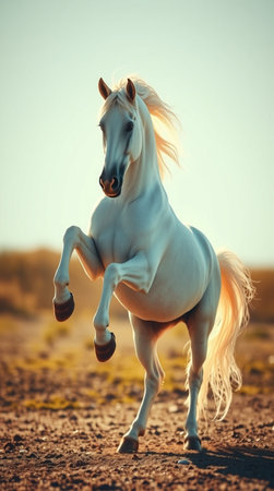 Beautiful white arabian stallion with long mane in sunset lightの写真素材