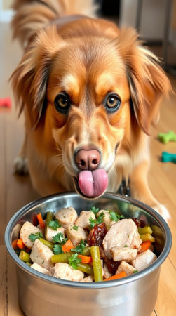 Cute dog with bowl of food in the kitchen at home.の写真素材