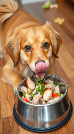 Cute golden retriever dog eating food from a bowl at homeの写真素材