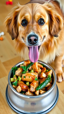 Cute golden retriever dog with a bowl of chicken and vegetablesの写真素材