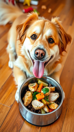 Cute golden retriever dog with bowl of food at home.の写真素材