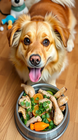Cute golden retriever dog with bowl of food on the floorの写真素材