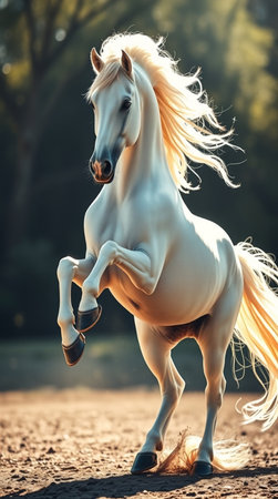 Beautiful white stallion with long mane run gallop at sunsetの写真素材