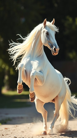 Beautiful white arabian stallion with long mane in motionの写真素材
