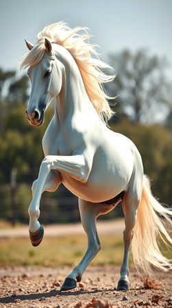 Beautiful white arabian stallion with long mane running gallopの写真素材