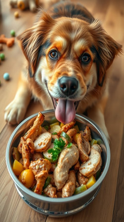 Cute golden retriever dog in bowl with food, closeupの写真素材