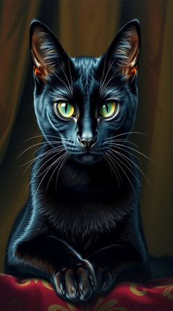 Black cat with green eyes on a red background. 3d renderingの写真素材