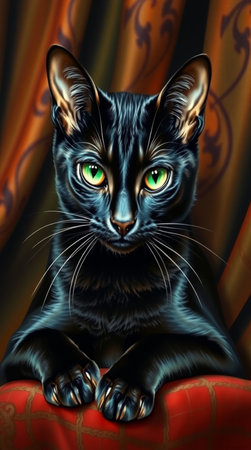 Illustration of a black cat sitting on a red sofa with green eyesの写真素材