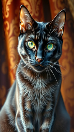 Portrait of a black cat with green eyes on a background of curtains.の写真素材