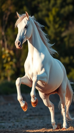 Beautiful white arabian stallion with long mane run gallopの写真素材