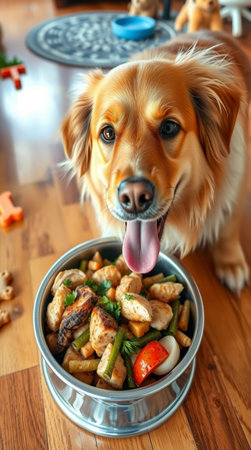 Cute Golden Retriever dog eating food from a bowl.の写真素材