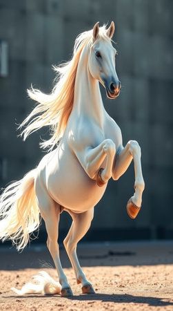 Beautiful white horse with long mane, run gallop.の写真素材