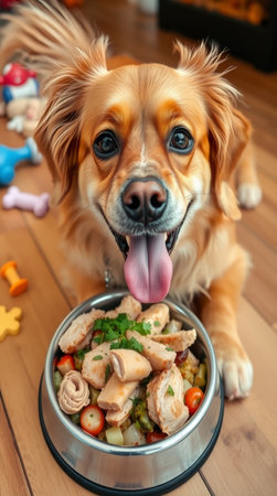 Cute dog with bowl of food on floor at home, closeupの写真素材