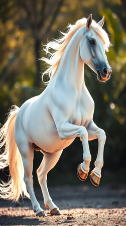 Beautiful white arabian stallion with long mane running at sunsetの写真素材
