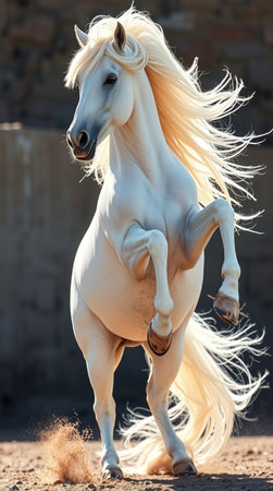 Beautiful white arabian stallion with long mane run gallopの写真素材