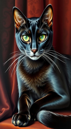 Black cat with green eyes on a red curtain background. 3d renderingの写真素材