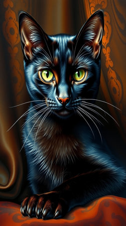 Illustration of a black cat with green eyes on a brown backgroundの写真素材