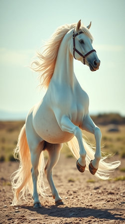 Beautiful white stallion with long mane run gallop in desert.の写真素材