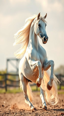 Beautiful white arabian stallion with long mane run gallop