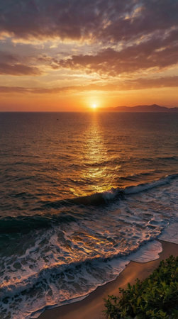 Sunset over the sea in Costa Brava, Catalonia, Spainの写真素材