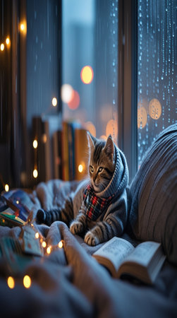Cute tabby cat in warm knitted scarf and plaid is reading a book on the windowsill.の写真素材
