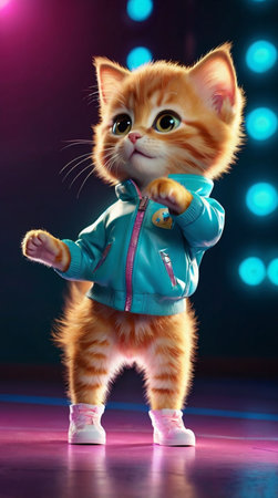 Cute ginger kitten in blue jacket and pink sneakers on a dark backgroundの写真素材
