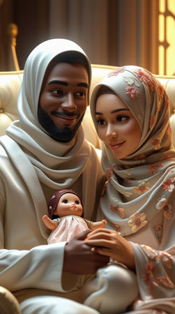 muslim family with baby in the living room. 3d renderingの写真素材