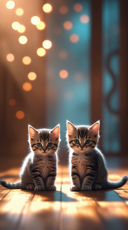 Cute kittens sitting in front of bokeh lightsの写真素材