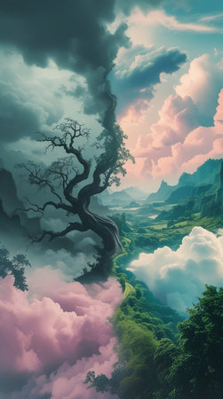 3D illustration of a fantasy landscape with a tree in the middleの写真素材