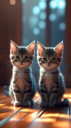 two cute bengal kittens sitting on the floor and looking at the cameraの写真素材