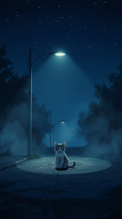 Cute cat sitting in the street at night. 3d renderingの写真素材